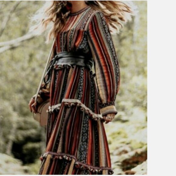 Zara Dresses & Skirts - Zara Boho Long Rayé Maxi Dress Pom Poms Boho Chic Embroidered Festival
